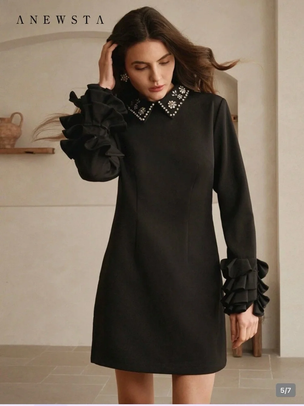 NWT! Black Embellished-Collar Long-Sleeve Dress - Picture 3 of 7